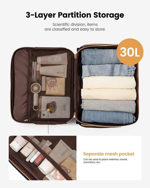 Open women's TSA rolling laptop bag showing organized storage with clothes and toiletries. Features 3-layer partition and mesh pocket.