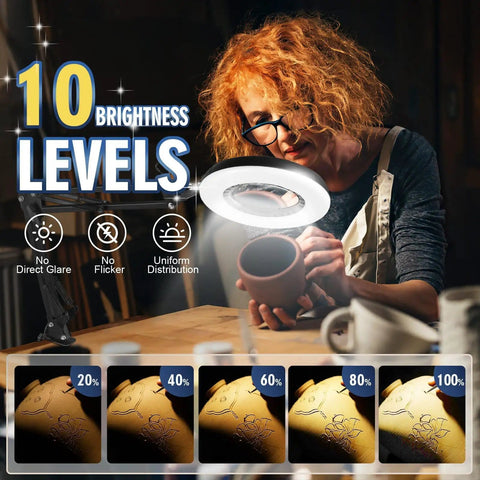 Woman using 12X Magnifying Glass With Light And Stand For Crafts And Reading, 4.3 Inch HD Lens, 144 LED Brightest Desktop Magnifier Lamp
