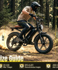 Man riding Electric Fat Tire Bike For Adults With 1500W Peak Motor Off Road Ebike, showing size dimensions, in forest setting