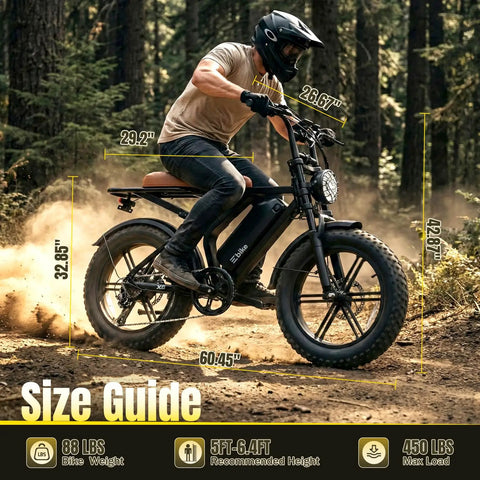 Man riding Electric Fat Tire Bike For Adults With 1500W Peak Motor Off Road Ebike, showing size dimensions, in forest setting