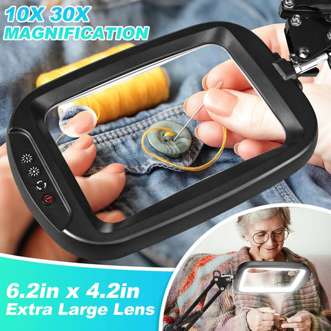 A person using an extra large magnifier with light and clamp, hands free rectangle desk magnifier, 10x to 30x zoom for sewing.