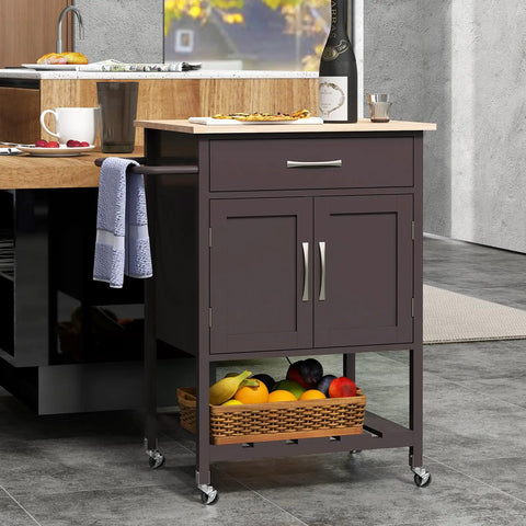 Slick Rolling Kitchen Island Cart With Dope Rubberwood Top And Quick Release Drawer Perfect Go To Coffee Bar Station With Deep Open Shelf And Convenient Towel Rack In Warm Honey Brown