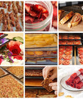 Collage of food dehydrated using 8 Pcs Silicone Dehydrator Sheets Set, Premium Non Stick Dehydrator Mats, showing various fruits and snacks