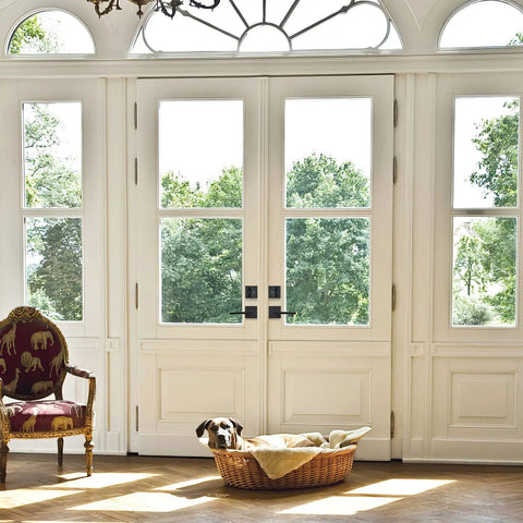 Double doors with Matte Black Entry Door Lock Set With Deadbolt And Straight Handle, dog in basket near classic chair