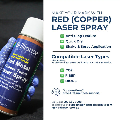 Copper Tone Red Laser Marking Spray For Metal Engraving 12 Oz Aerosol Pro Grade That Delivers Permanent High Contrast Marks On Stainless Steel And Other Metals Compatible With Fiber YAG Diode And CO2 Laser Engravers in a blue aerosol can with glove holding it, against a promotional backdrop detailing features and compatibility with various laser types.