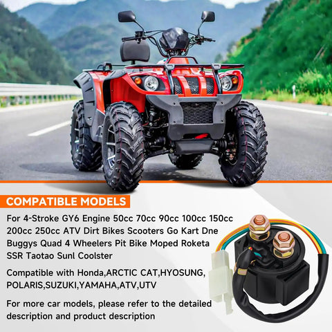 Starter Solenoid Relay For 4 Stroke GY6 Engine 50cc To 250cc ATV shown with compatible ATV on scenic road.