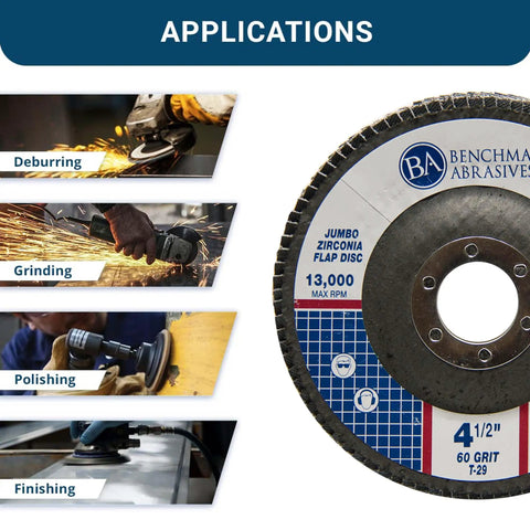 High Density Zirconia Type 29 Flap Discs 4-1/2 Inch 60 Grit For Angle Grinder 100 Pack Pro Grade Jumbo Sanding Discs For Grinding Finishing Deburring Edge Chamfering And Rust Removal
