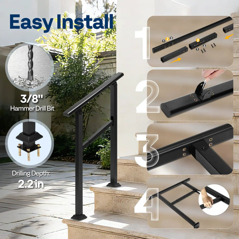 Easy install graphic for Rock Solid Outdoor Handrail For Stairs And Deck Heavy Duty Straight Rail Customizable Length with assembly steps.