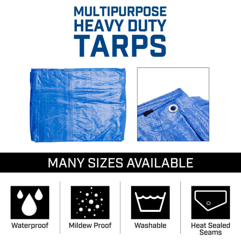 Tough Waterproof Heavy Duty Poly Tarp 12x16 Foot With Grommets Every 36 Inches; blue tarp, grommet detail, features icons.