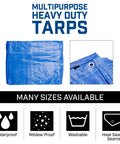 Image of Big Ol Heavy Duty 20x30 Feet Poly Tarp With Tight 8x8 Weave, 5 Mil Thick, Waterproof Outdoor Cover With Grommets Every 36 Inches, Ideal For Home, Boats, Cars, Camping, Protective Shelter, Blue, showcasing its waterproof and mildew proof features.