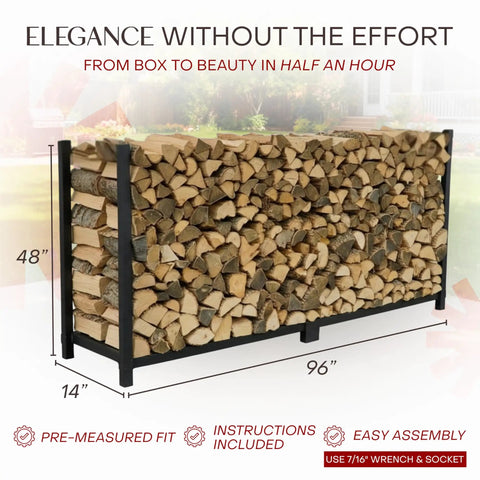 Heavy Duty Steel Firewood Rack For Indoors And Outdoors Built To Last Holds Half Cord Of 24 Inch Logs Raised Lumber Storage Keeps Firewood Dry And Ready Made In USA With Lifetime Structural Warranty Without Cover