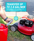 Hand using All American Style Battery Powered Stick Pump For Fast Fluid Transfer And Quick Siphoning Of Gas Diesel Antifreeze And Washer Fluid From Jerry Cans To Handle Your Daily Grind Or Garage Clean Up Projects to transfer fuel from a red container.