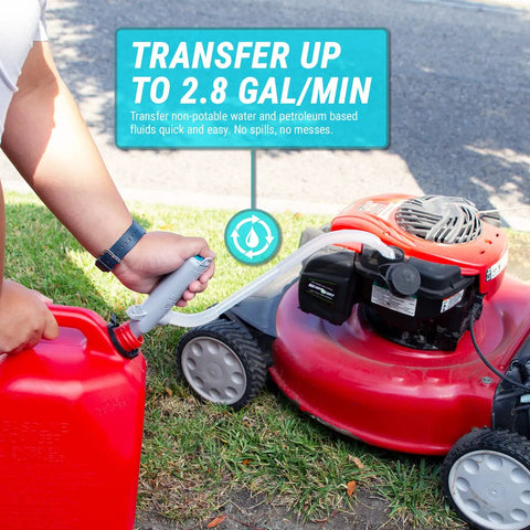 Hand using All American Style Battery Powered Stick Pump For Fast Fluid Transfer And Quick Siphoning Of Gas Diesel Antifreeze And Washer Fluid From Jerry Cans To Handle Your Daily Grind Or Garage Clean Up Projects to transfer fuel from a red container.