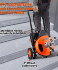 Tough As Nails Electric Drain Cleaner Automatic Feed drives on stairs with extendable handle and 8" stable wheels for portability.
