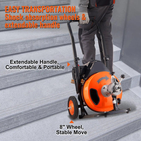 Tough As Nails Electric Drain Cleaner Automatic Feed drives on stairs with extendable handle and 8" stable wheels for portability.
