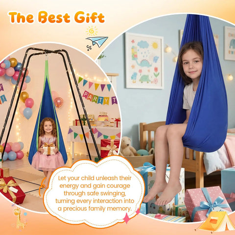 Swing Stand Frame With Sensory Swing And Pod Swing For Kids, Heavy Duty X Frame Indoor Outdoor Sensory Hammock With Stand 330 Lbs Capacity
