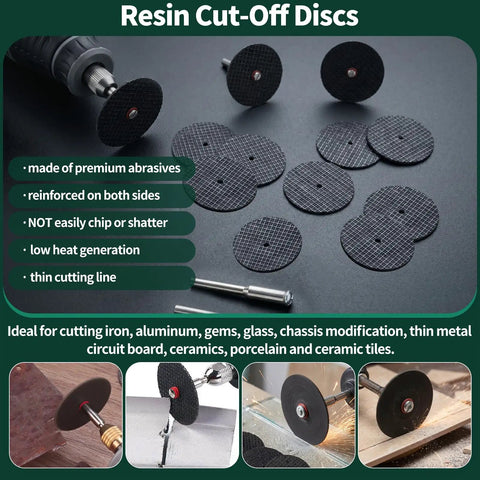 All In One Pro Grade 65 Piece Rotary Tool Kit With Diamond Cutting Wheels Resin Cut Off Discs HSS Circular Saw Blades Sanding Bands And Aluminum Oxide Bits For Wood Plastic Glass Metal Gem And Jade Projects, resin cut-off discs with shank