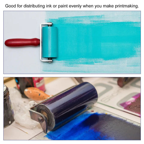 Red 0.4 Inch Rubber Brayer Roller For Wallpaper And Printmaking Pro Grade Anti Skid Hard Rubber Roller Tool shown in use with ink