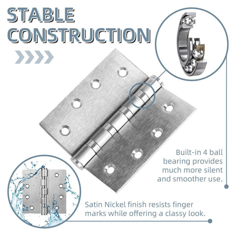 Six Pack Stainless Steel 4 Inch Door Hinges Set With Ball Bearing, Heavy Duty Square Corner Hinge For Exterior And Interior Doors, Satin Nickel Finish, Includes 48 Matching Screws, close-up