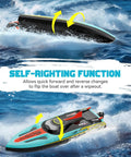 Brushless RC Boat 40MPH Beast With Self Righting LED Lights Fishing Function racing in water showcasing self-righting