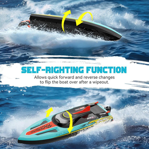 Brushless RC Boat 40MPH Beast With Self Righting LED Lights Fishing Function racing in water showcasing self-righting