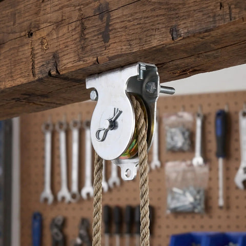 Wall Mount Rope Guide Pulley For Heavy Duty Lifting, Steel Pulley Block With Low Friction Silent Bearing, Wire Roller For Winch System, Ideal For Flagpole Rope And Utility Lifting, Fits 3/8 Inch Cable Built Tough For Rough Jobs And Use With Reliable mounted on wood beam