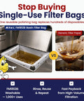Heavy Duty Reusable Fryer Oil Filter Bag With Micro Mesh Strainer For Restaurant Kitchens visible in a stainless steel fryer.