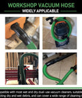 Replacement Vacuum Hose Kit Two And One Half Inch By Seven Feet Dual Flex Locking Shop Vac Hose with Six Fittings for Wet Dry Vacuum Cleaners Fits Most Vacuums Easy Connect No Fuss Heavy Duty Flexible shown in workshop use