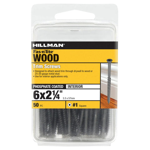 Premium Trim Screws Number 6 By 2 1 4 Inch Black Coated Square Drive Flat Head in retail packaging, 50 pack for drywall carpentry.