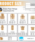 Brass pipe fittings kit, 106-piece, front view; reducers, couplings, nipples, caps, plugs, PTFE tape (Amazon)