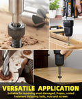 26 Piece Bolt And Screw Extractor Set With Hex Adapters And HSS Drill Bits Heavy Duty Easy Out Kit shown in use on wood and metal