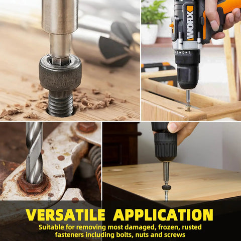 26 Piece Bolt And Screw Extractor Set With Hex Adapters And HSS Drill Bits Heavy Duty Easy Out Kit shown in use on wood and metal