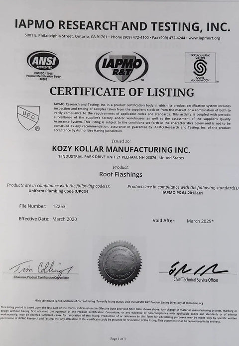 IAPMO certificate for Kozy Kollar Manufacturing, listing roof flashings, March 2020 valid until March 2025.