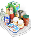 Refrigerator Square Lazy Susan Turntable Organizer for Fridge Cabinets Pantry and Countertop 16.5 by 11.1 inches clear transparent with groceries