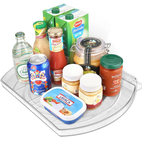 Refrigerator Square Lazy Susan Turntable Organizer for Fridge Cabinets Pantry and Countertop 16.5 by 11.1 inches clear transparent with groceries
