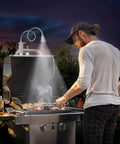 Super Bright Magnetic BBQ Grill Light With 360 Degree Gooseneck Weather Resistant Task Lighting For Outdoor Grilling Extra Long 22 Inch Flexible Spotlight Clip On Barbecue Light Gift For Men Dad Husband Silver 1 Pack illuminating a man grilling at night.