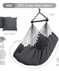 Durable Outdoor Hammock Chair Swing With Steel Support Bar And Side Pocket, shown with dimensions and accessories, Dark Gray