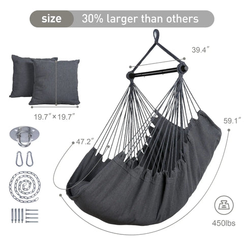 Durable Outdoor Hammock Chair Swing With Steel Support Bar And Side Pocket, shown with dimensions and accessories, Dark Gray