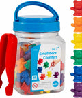 Set Of Sixty Mini Bear Counters Packed In A Sturdy Jar With Tweezers And An Activity Guide For Big Time Sorting Practice And Kid Approved Early Learning Adventures.