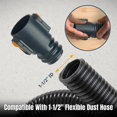 Powerful PowerTec 1-5/8 Inch Hose Adapter with Quick Connect Dust Collection Fitting for 1-1/2 inch flexible hose.