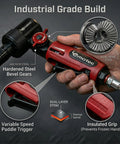 Air Die Grinder With Adjustable Swivel Head And 20000 RPM Pro Grade Portable Pneumatic Tool For Porting Weld Prep And Auto Detailing Quarter Inch Collet Variable Angle Grip with hardened steel bevel gears and insulated grip shown in use.