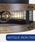 Close-up of Cooper 18 Inch Farmhouse Flush Mount Ceiling Light With Walnut Wood Finish And Textured Black Metal Cage Four Light Fixture.