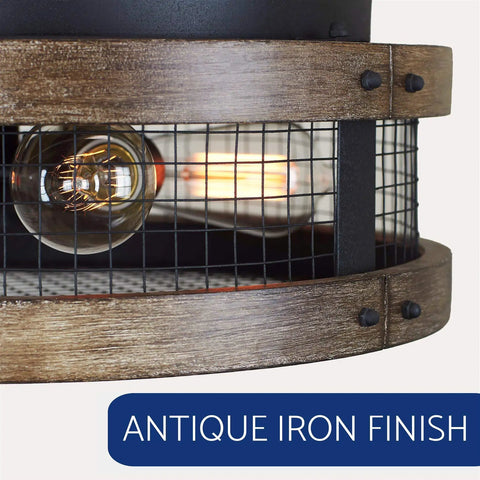 Close-up of Cooper 18 Inch Farmhouse Flush Mount Ceiling Light With Walnut Wood Finish And Textured Black Metal Cage Four Light Fixture.