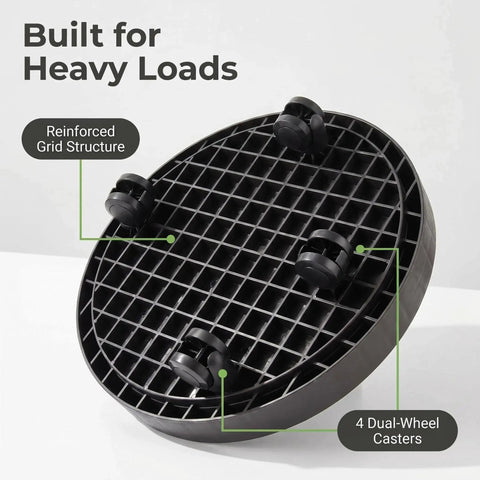 14.2 Inch Round Planter Caddy With Heavy Duty Smooth Gliding Casters showcasing reinforced grid and four dual-wheel casters.