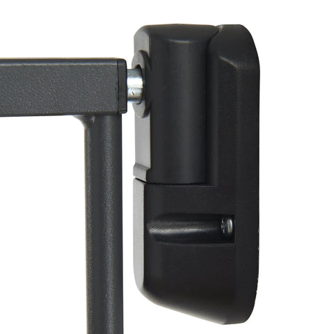 Close-up of Push To Close Baby Gate For Stairs And Hallways, with metal bracket and lock, hardware mounted in dark gray.