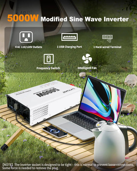 Ready To Rock 5000 Watt Power Inverter Converting 12V DC To 110V AC With Four Household Outlets And Dual USB Ports set up on a table outdoors.