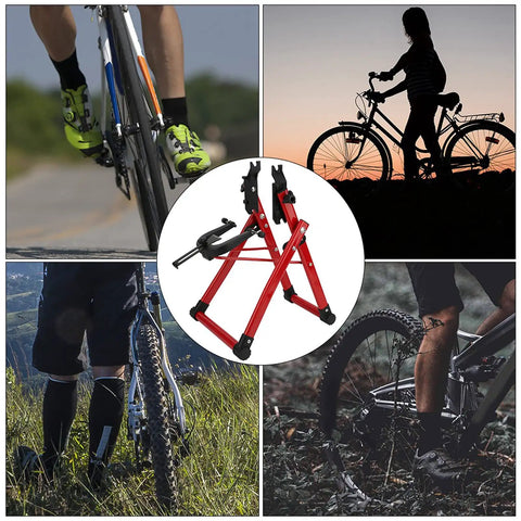 Bike Wheel Truing Stand With Ruler And Thimble, Foldable Aluminum Alloy Build, shown against various cycling scenes