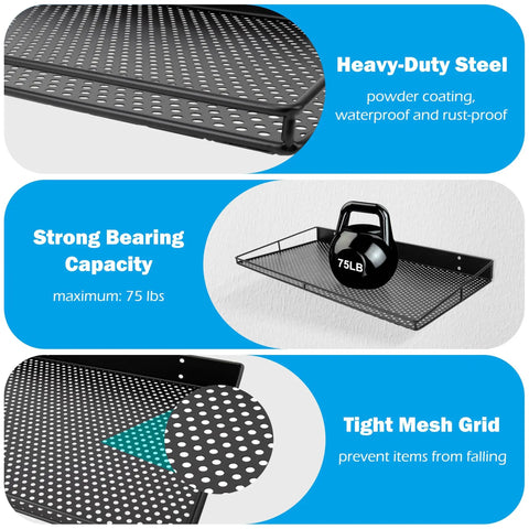 Beefy Heavy Duty Wall Shelves 2 Pack, Large Wall Mounted Garage Shelves 23.5 By 12 Inches, Waterproof Steel Rack with 75 lb capacity.