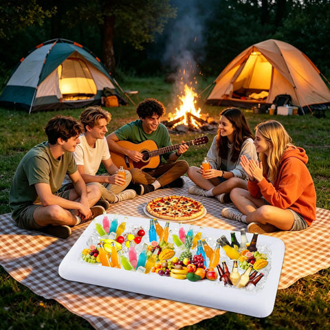 Group camping with Inflatable Serving Bar Set With Three Pack Ice Bar For Buffet Keeps Food And Drinks Cold For Hours And Includes Drain Plug