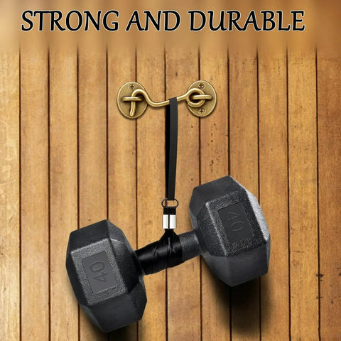 Top Tier Premium Heavy Duty 2 Pack Straight Up Vintage Solid Brass Door Hooks And Eye Latch Hardware 4 85 Inch Antique Bronze cabinet gate buckles holding a 40 lb dumbbell.